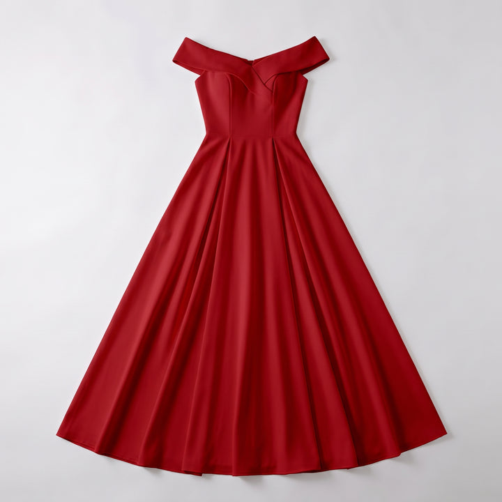 Rotes Off-Shoulder Abendkleid in A-Linie, Flat-Lay Vorderansicht
