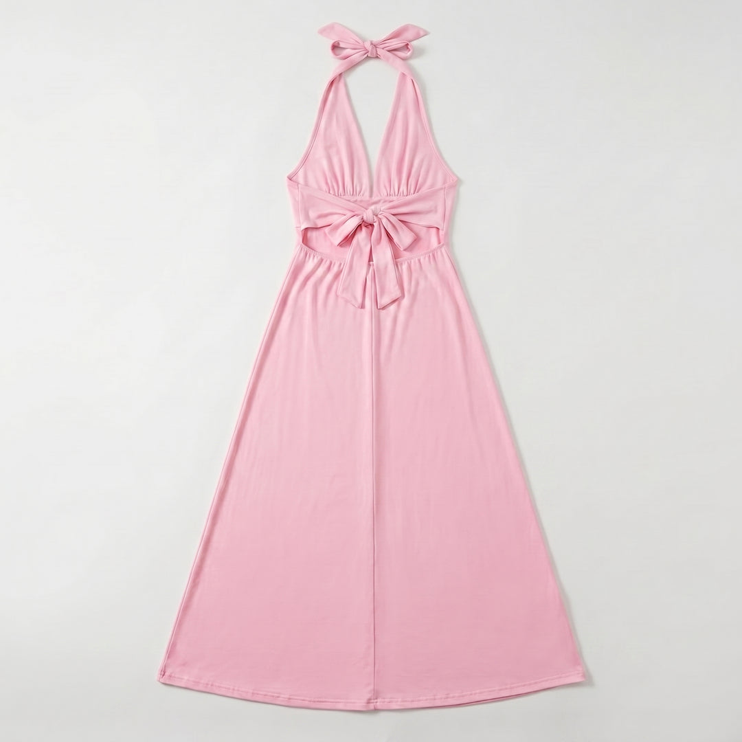 Damen Maxikleid Rosa Neckholder Schleife Taille Schlitz Flat-lay Rückseite