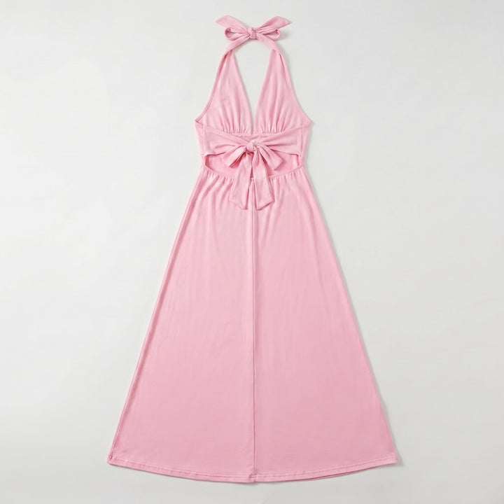 Damen Maxikleid Rosa Neckholder Schleife Taille Schlitz Flat-lay Rückseite