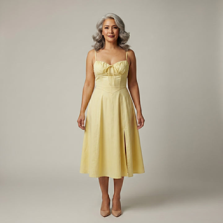 Damen Bustierkleid Hellgelb, tailliert, Spaghettiträger mit Bindeband, Vorderansicht