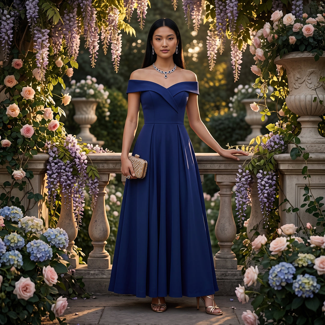 Royalblaues Off-Shoulder Abendkleid bei Gartenhochzeit mit Blumendekoration