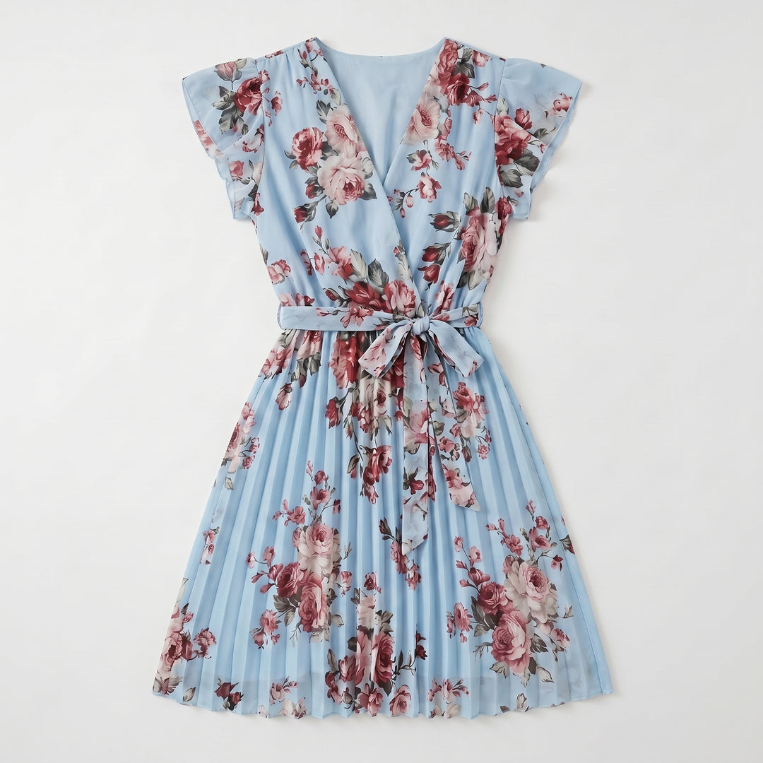 Hellblaues Blumenkleid mit V-Ausschnitt und Plisseerock, Flachansicht
