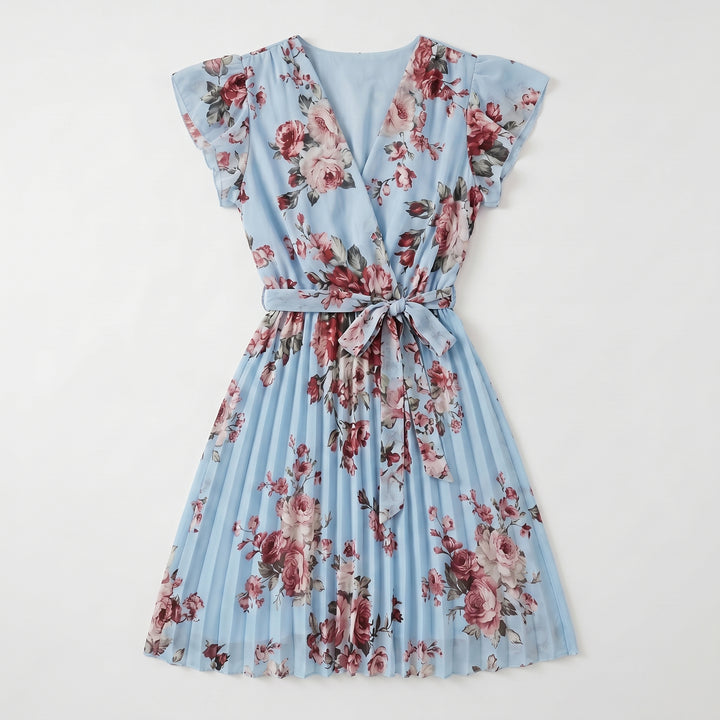 Hellblaues Blumenkleid mit V-Ausschnitt und Plisseerock, Flachansicht