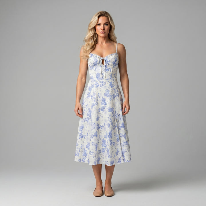 Damen Bustierkleid Weiß mit hellblauem Blumendruck, Vorderansicht