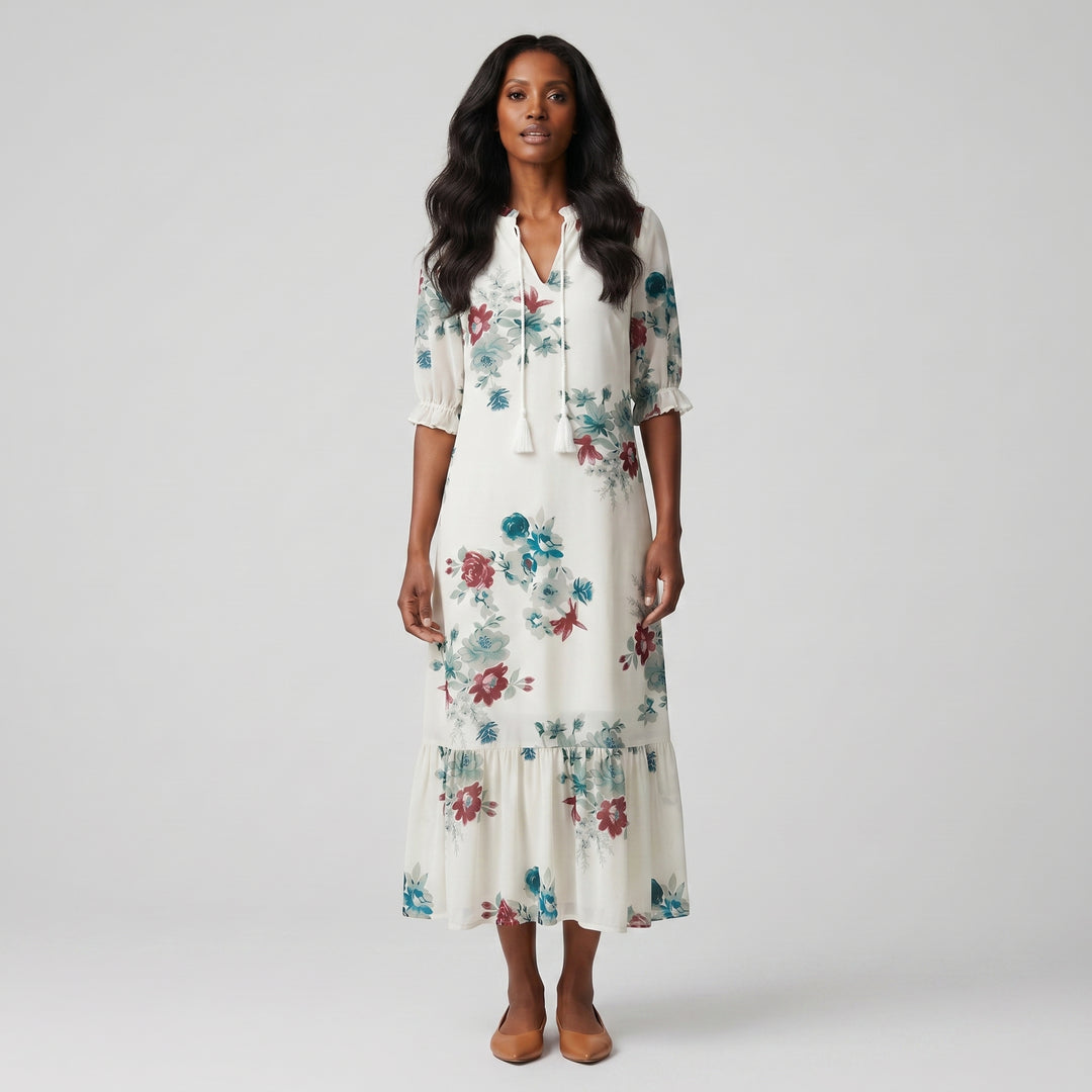 Damen-Maxikleid Weiß Blumendruck, Dreiviertelärmel, weiße Quasten, Vorderansicht