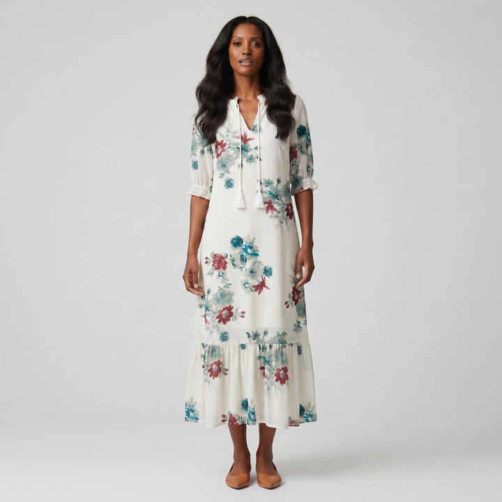 Damen-Maxikleid Weiß Blumendruck, Dreiviertelärmel, weiße Quasten, Vorderansicht