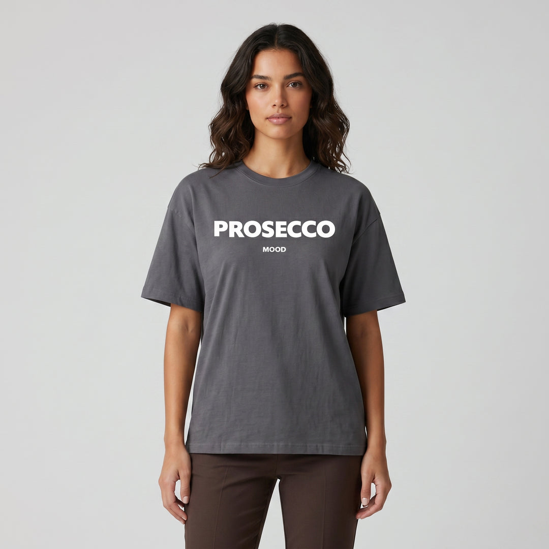 Dunkelgraues Oversized T-Shirt mit weißem PROSECCO MOOD Aufdruck, Vorderansicht
