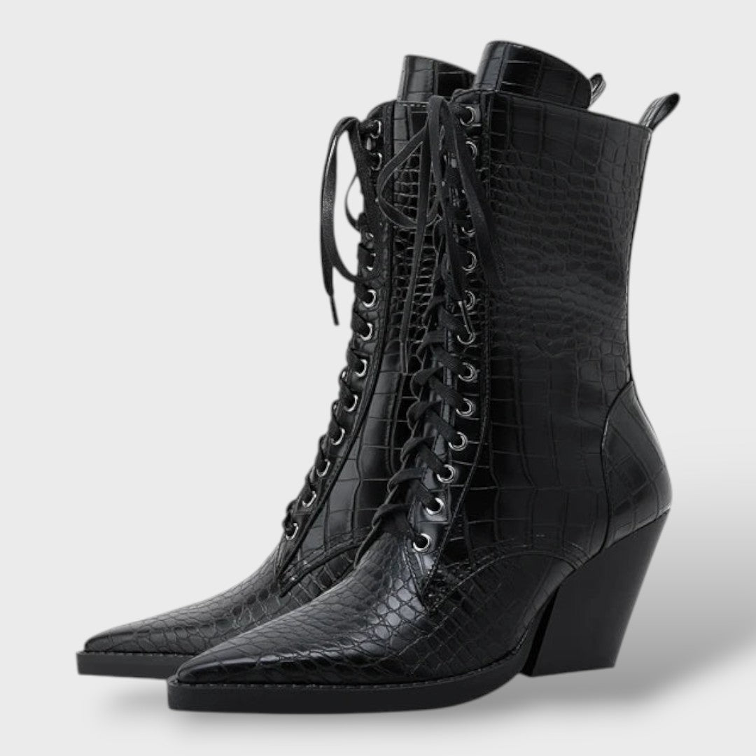 Damen Cowboy-Stiefel mit Blockabsatz von oben, Schnürung und spitze Zehenpartie