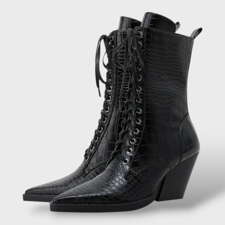 Damen Cowboy-Stiefel mit Blockabsatz von oben, Schnürung und spitze Zehenpartie