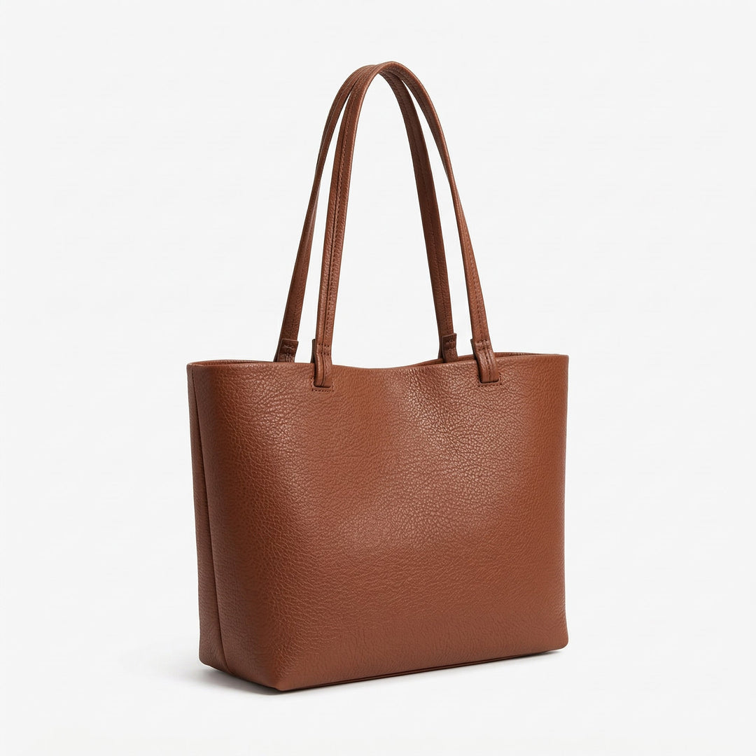 Große Shopper Tote Bag in Hellbraun, Kunstleder-Optik, Dreiviertelansicht