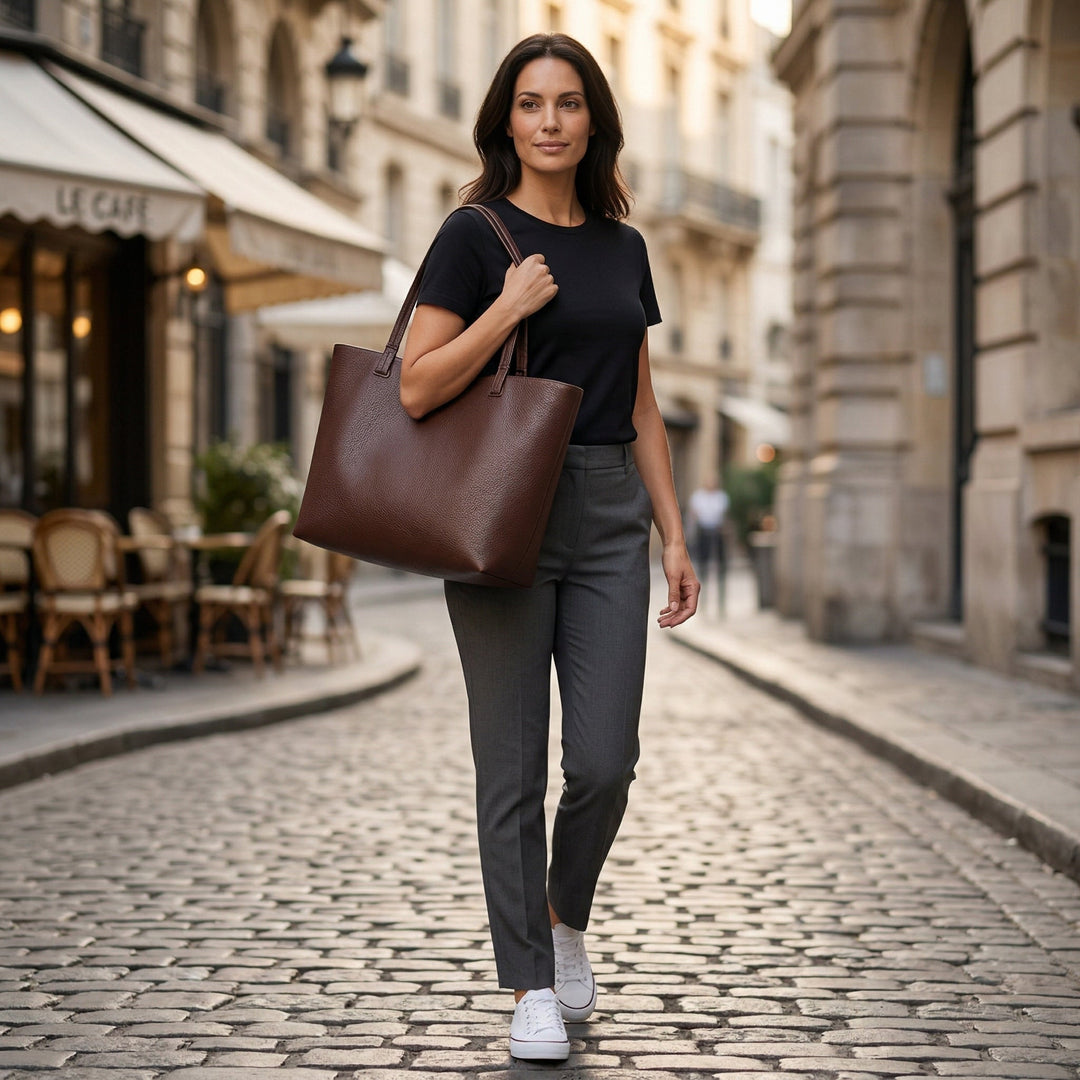 Damen trägt dunkelbraune Shopper über der Schulter, lässig-eleganter Alltagslook