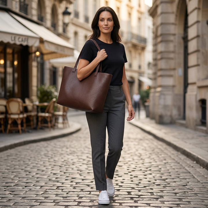 Damen trägt dunkelbraune Shopper über der Schulter, lässig-eleganter Alltagslook