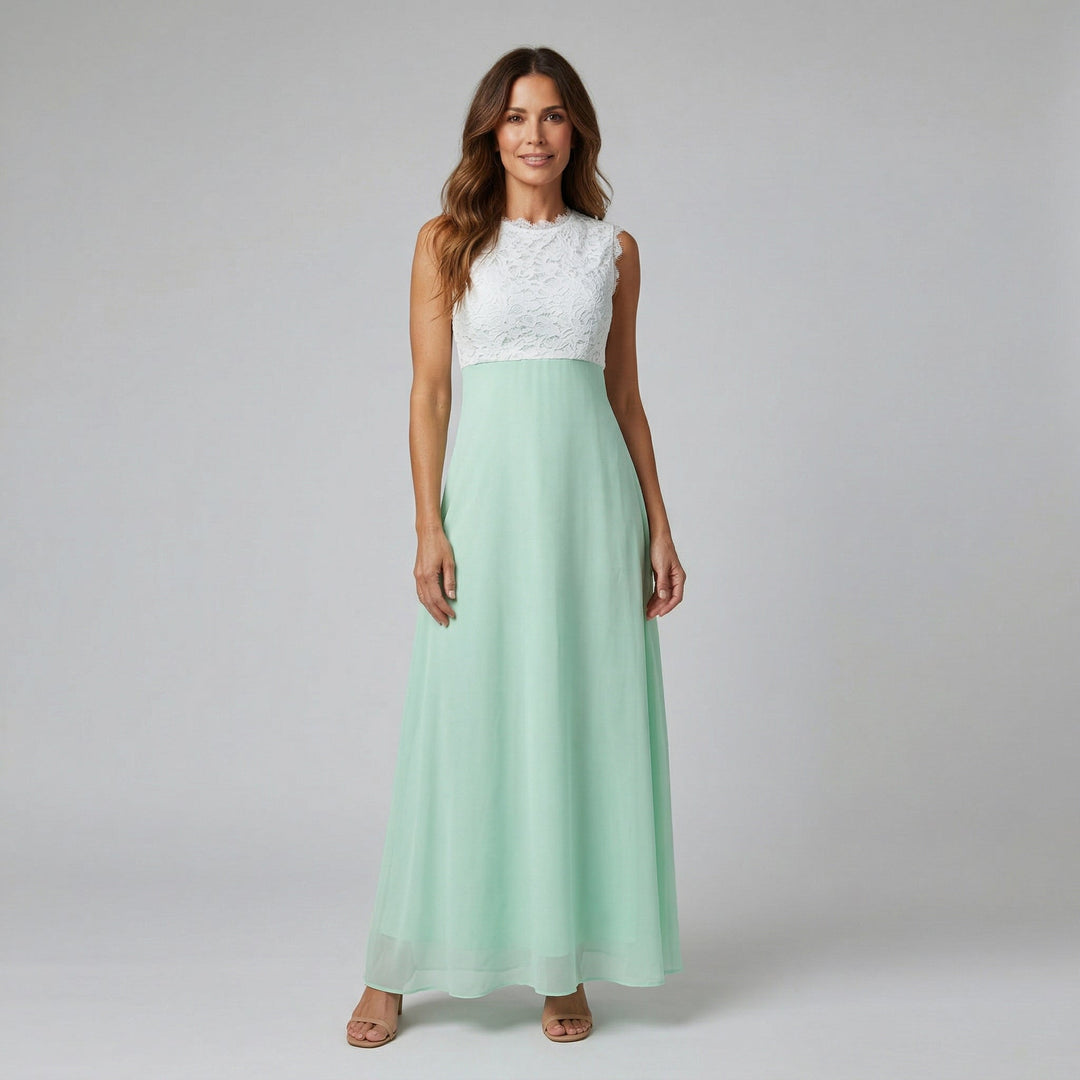 Maxikleid weißes Spitzenoberteil und mintgrüner Chiffon-Rock, Vorderansicht