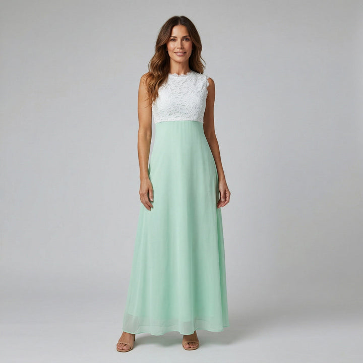 Maxikleid weißes Spitzenoberteil und mintgrüner Chiffon-Rock, Vorderansicht