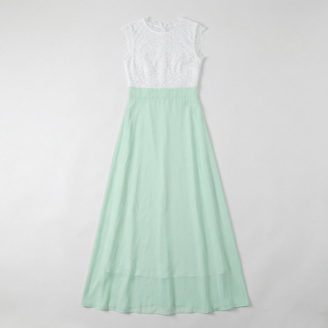 Maxikleid Vorderseite flach, Mintgrün mit weißem Spitzentop