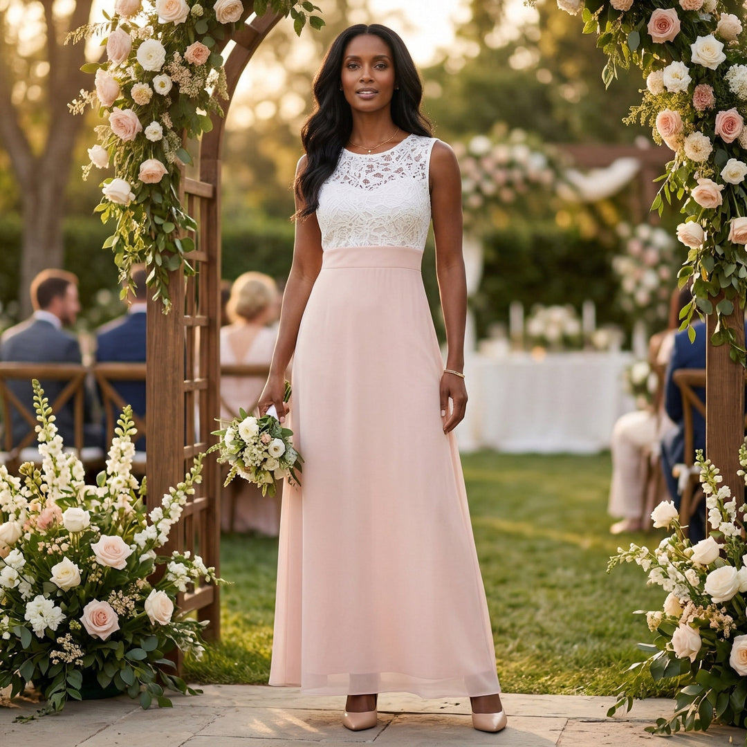 Maxikleid in Blassrosa mit weißer Spitze, elegante Hochzeitskulisse