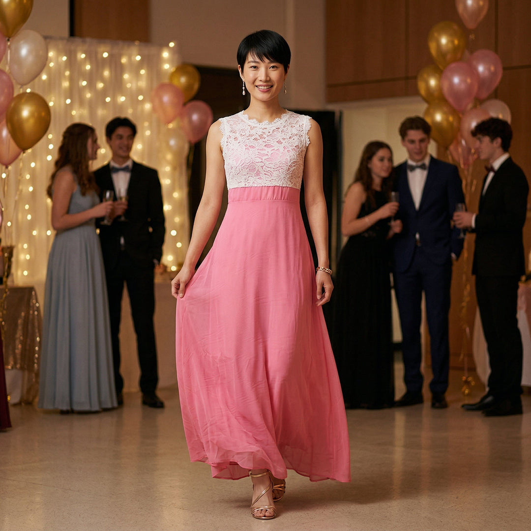 Maxikleid in Pink bei festlichem Event, fließender Chiffon-Rock