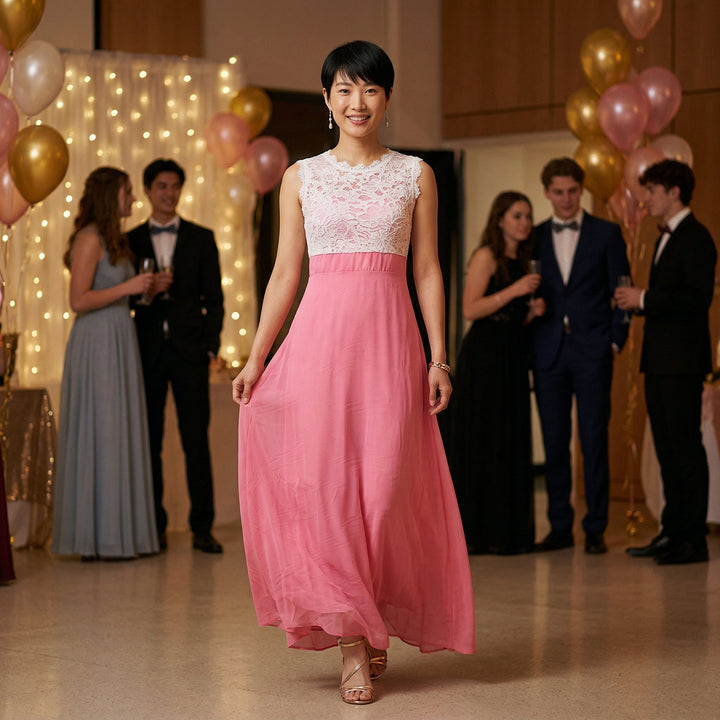 Maxikleid in Pink bei festlichem Event, fließender Chiffon-Rock