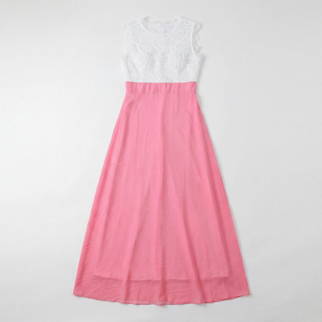 Maxikleid in Pink mit weißem Spitzenoberteil, Flachansicht