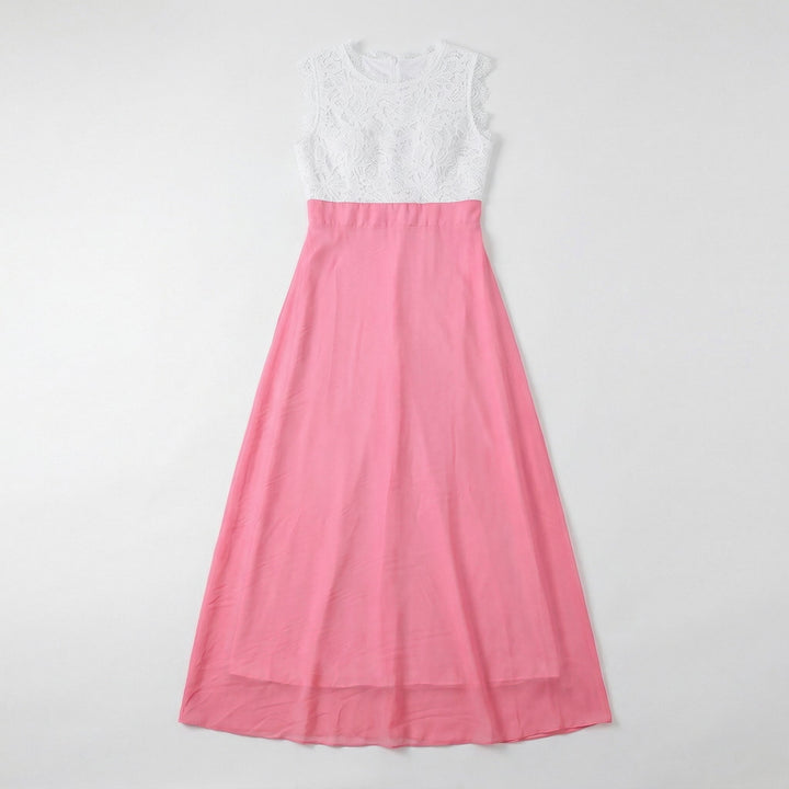 Maxikleid in Pink mit weißem Spitzenoberteil, Flachansicht