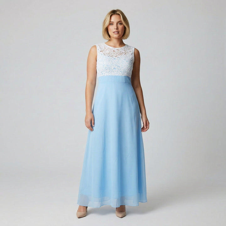 Maxikleid weißes Spitzenoberteil und hellblauer Chiffon-Rock, Vorderansicht