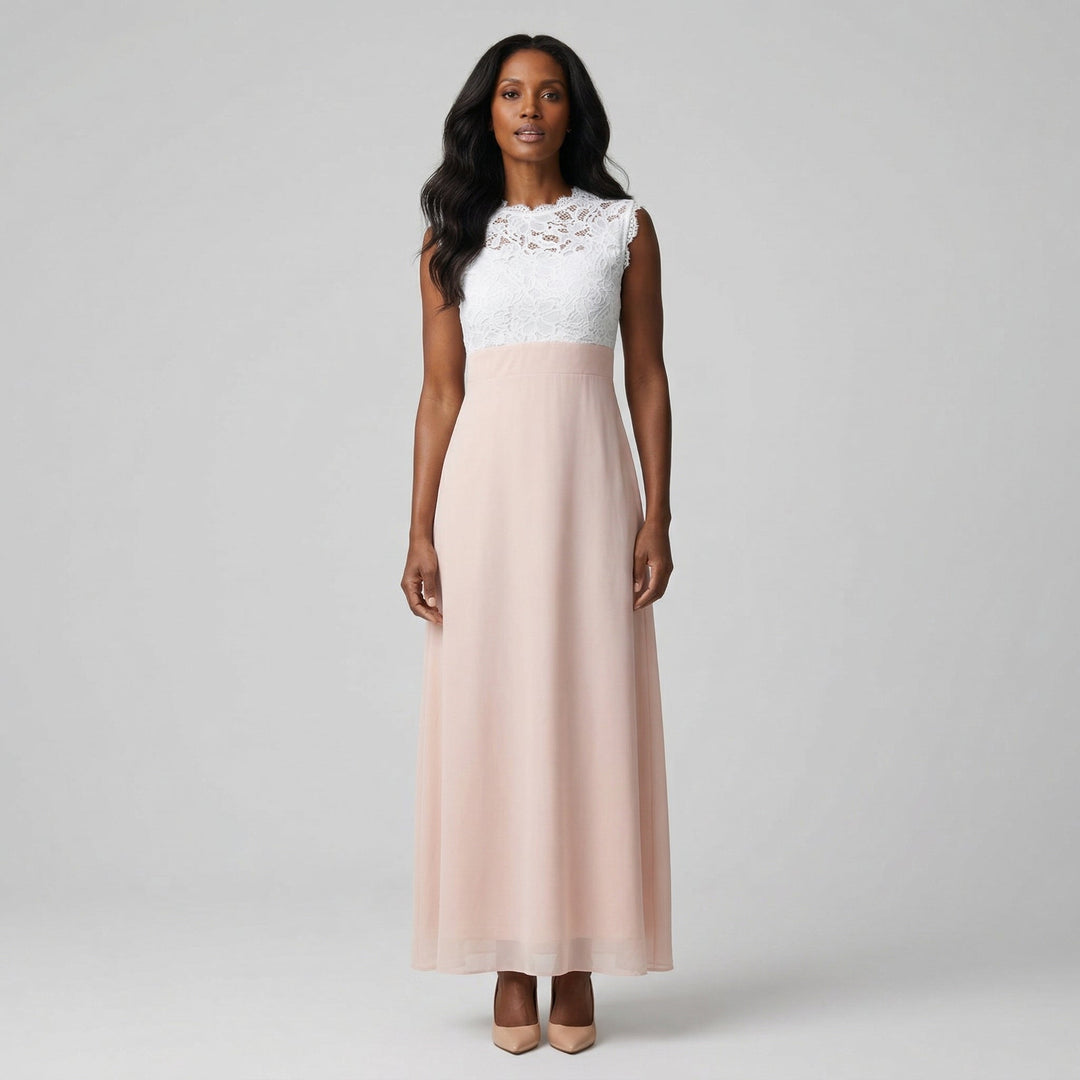 Maxikleid weißes Spitzenoberteil, blassrosafarbener Chiffon-Rock, Vorderansicht