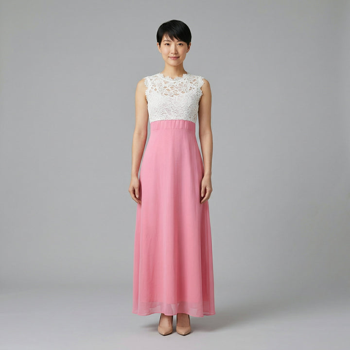 Maxikleid weißes Spitzenoberteil und pinker Chiffon-Rock, Vorderansicht