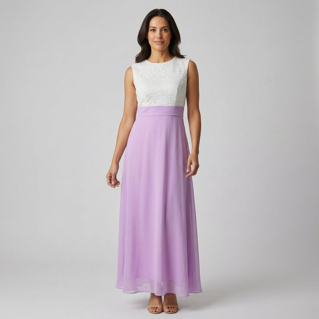 Maxikleid weißes Spitzenoberteil und lavendelfarbener Chiffon-Rock, Vorderansicht
