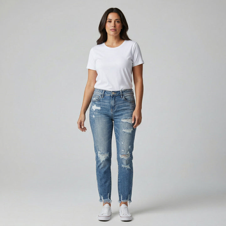 Destroyed-Jeans dunkelblau, mittlere Leibhöhe, Frontansicht