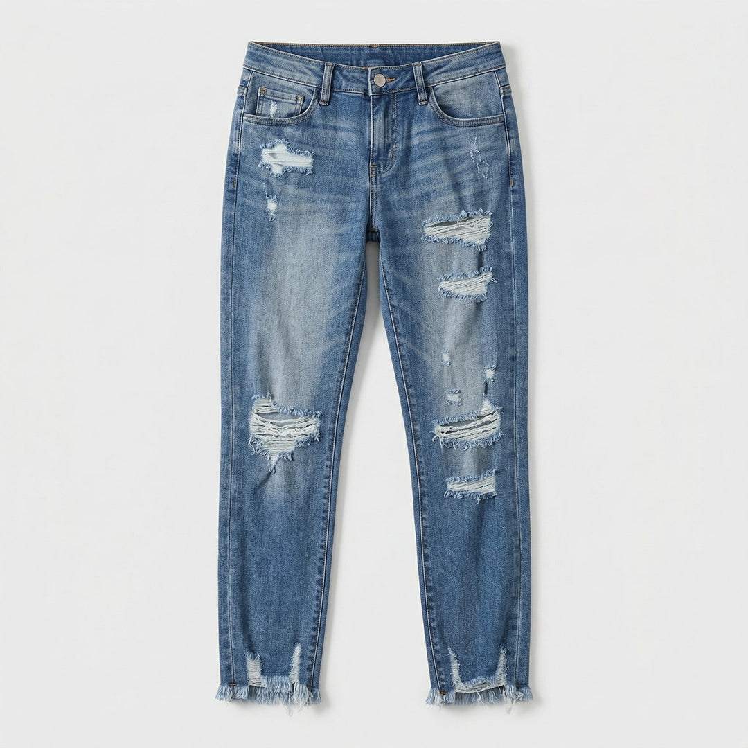 Destroyed-Jeans dunkelblau, Vorderseite mit Rissen und Fransensaum