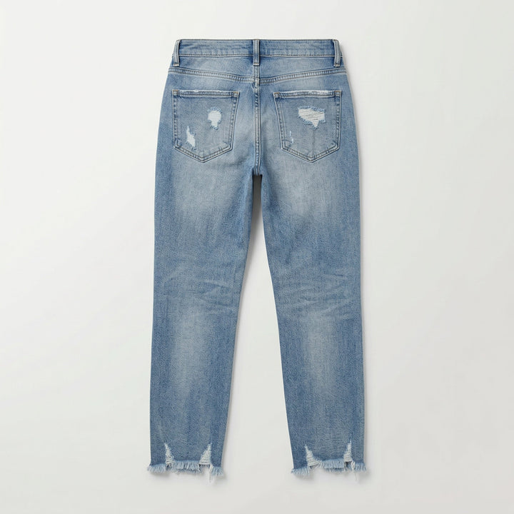 Destroyed-Jeans hellblau, Rückseite mit Destroyed-Details an Gesäßtaschen