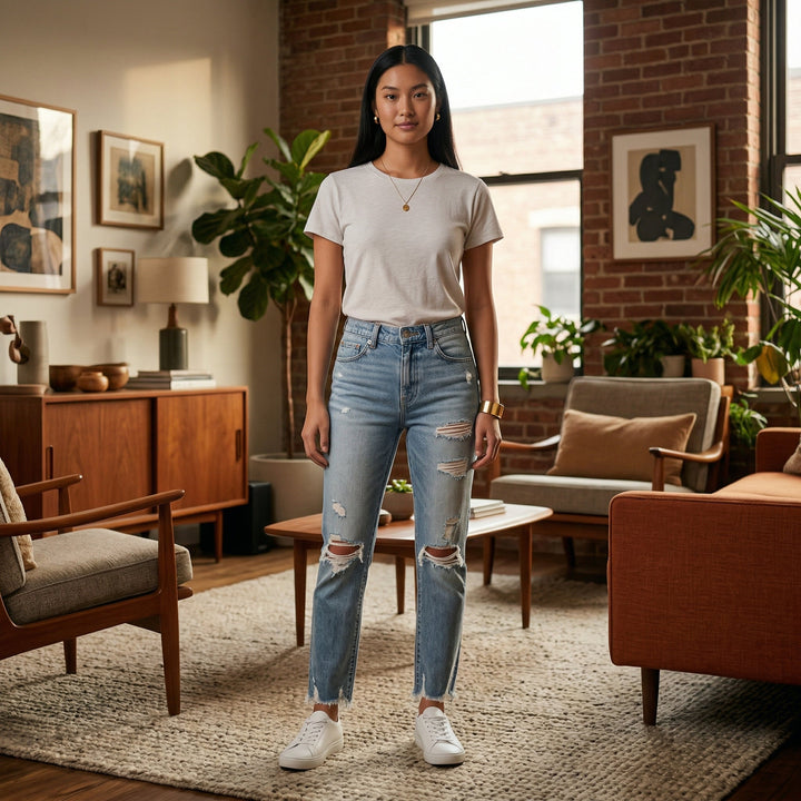 Destroyed-Jeans hellblau im Wohnzimmer-Styling, Frontansicht