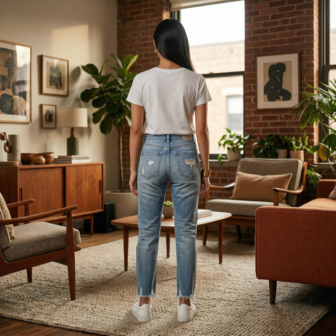Destroyed-Jeans hellblau, Rückenansicht mit offenem Fransensaum