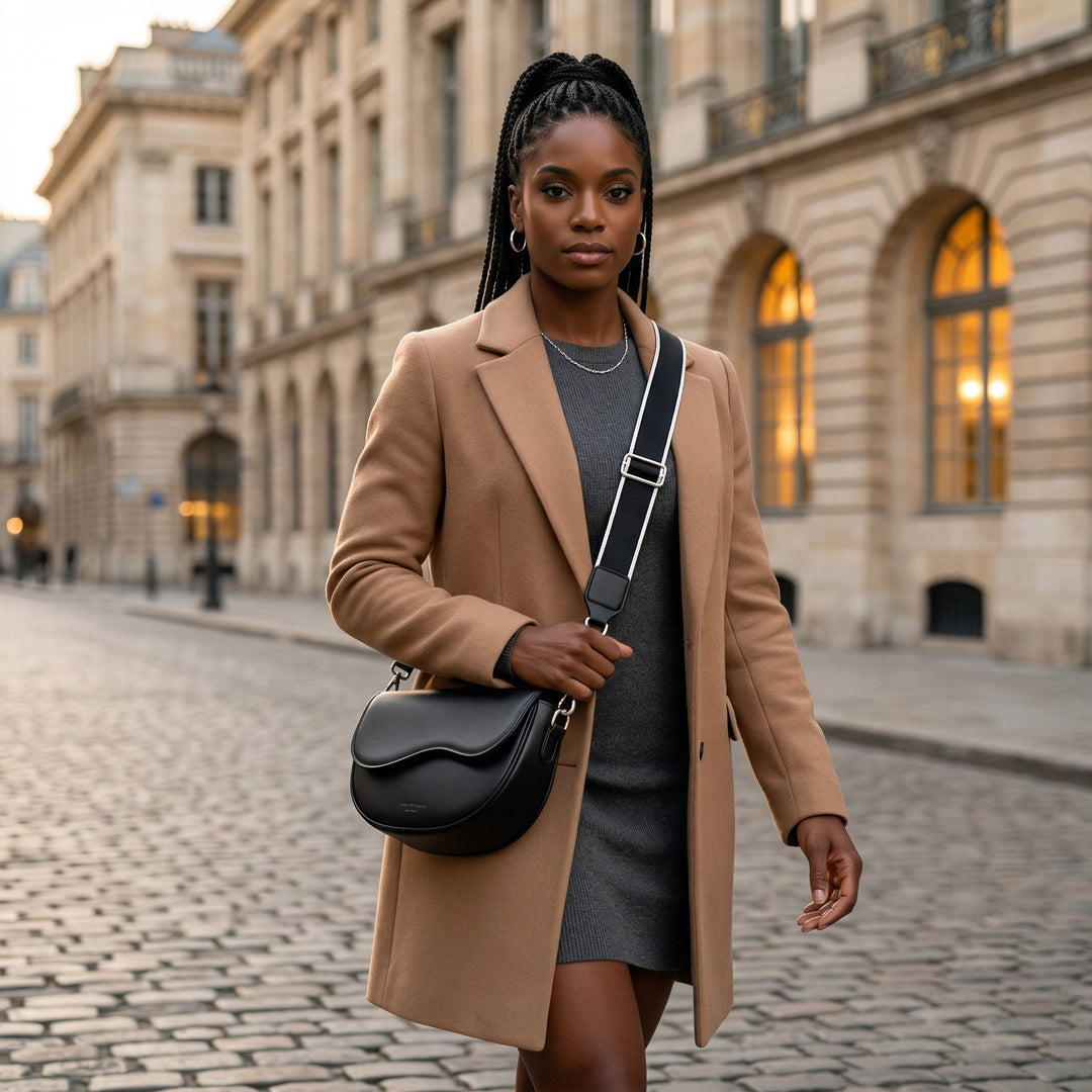 Model trägt schwarze Satteltasche als Crossbody, urbaner Look