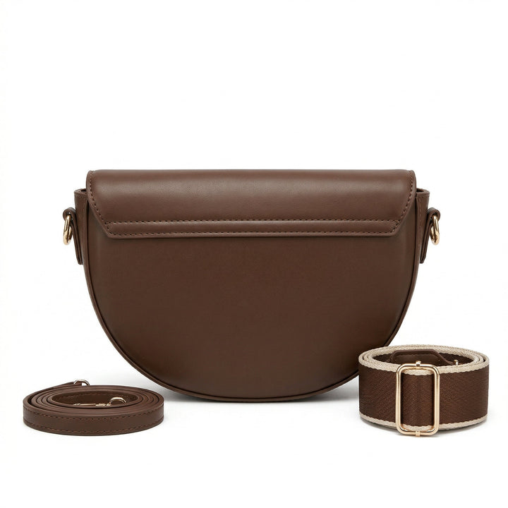 Satteltasche Braun Rückansicht mit zwei Riemen und goldener Hardware