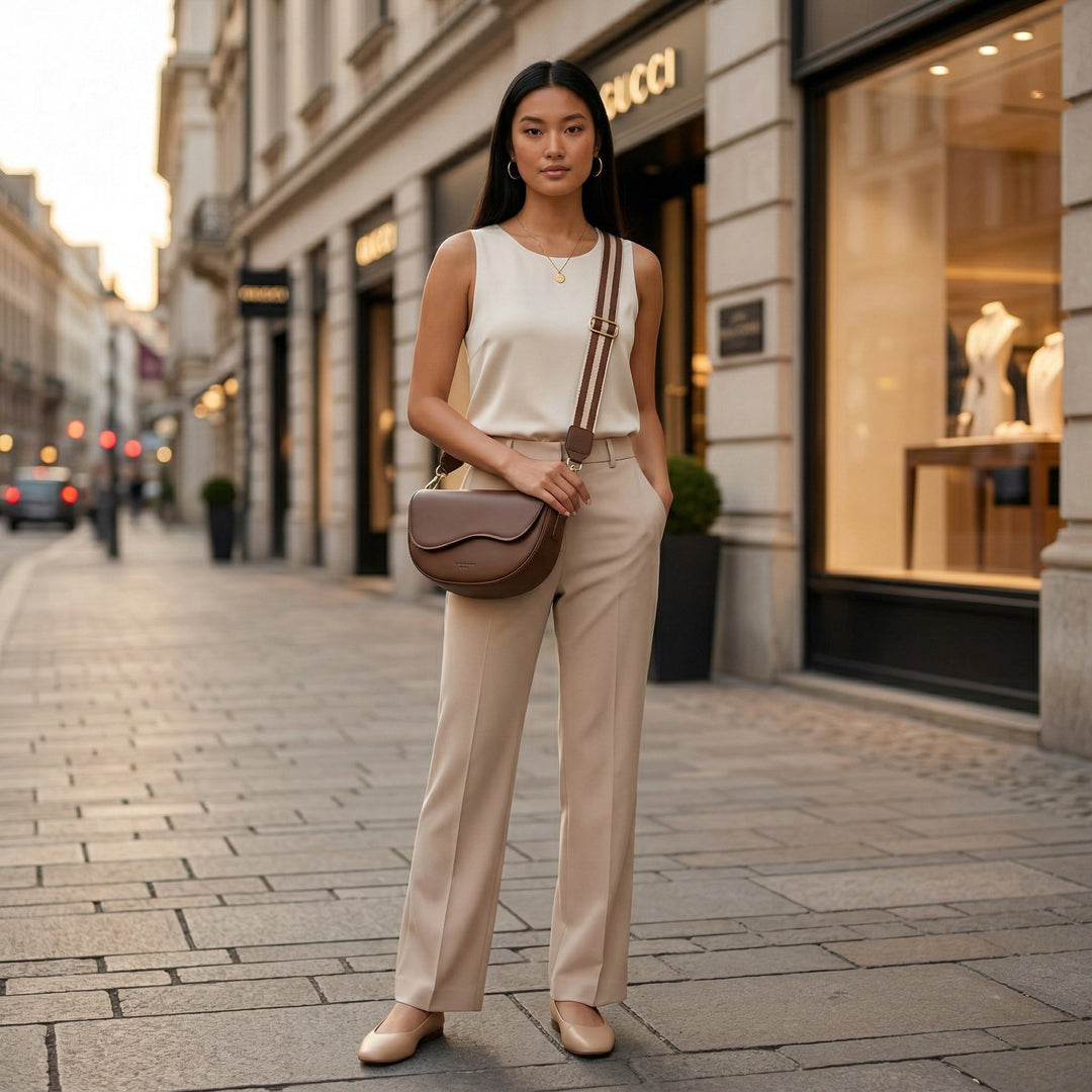 Model trägt braune Satteltasche als Crossbody auf der Straße