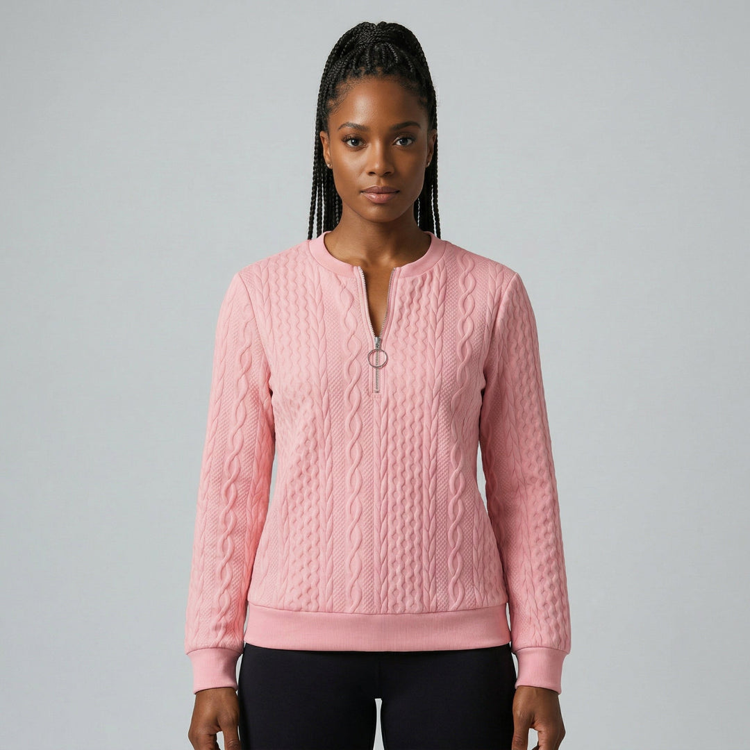 Nahaufnahme V-Ausschnitt und Reißverschluss, weißer Pullover