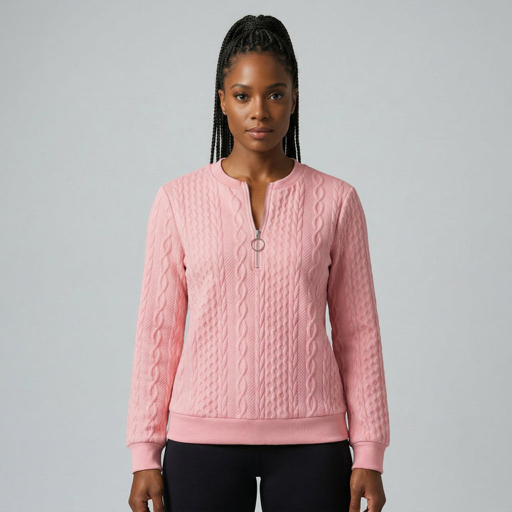 Nahaufnahme V-Ausschnitt und Reißverschluss, weißer Pullover