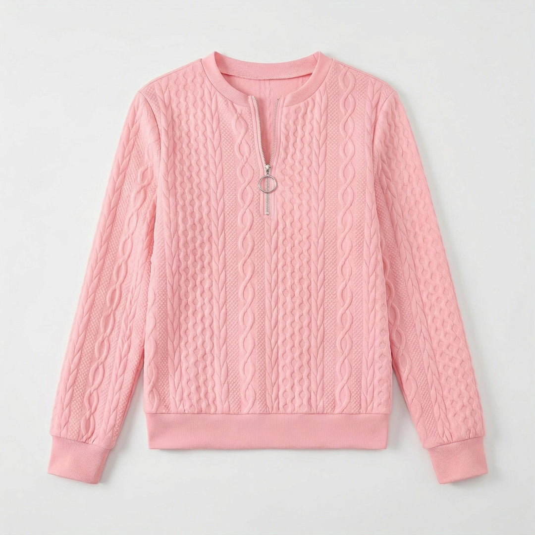 Bordeauxroter Pullover mit V-Ausschnitt und Halbzipper, Vorderansicht