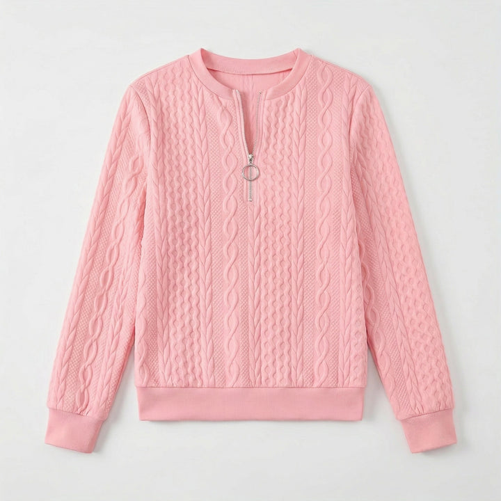 Bordeauxroter Pullover mit V-Ausschnitt und Halbzipper, Vorderansicht