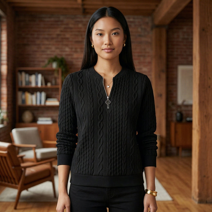 Orangefarbener Pullover, Seitenansicht