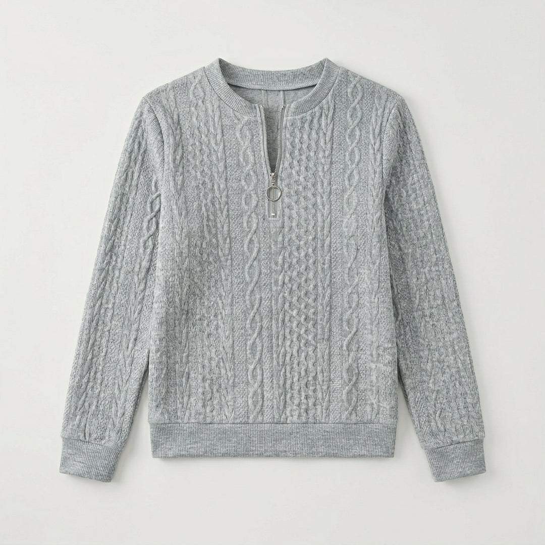 Lila Pullover mit Halbzipper und V-Ausschnitt, Vorderansicht
