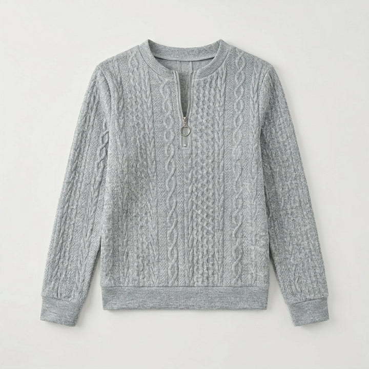 Lila Pullover mit Halbzipper und V-Ausschnitt, Vorderansicht