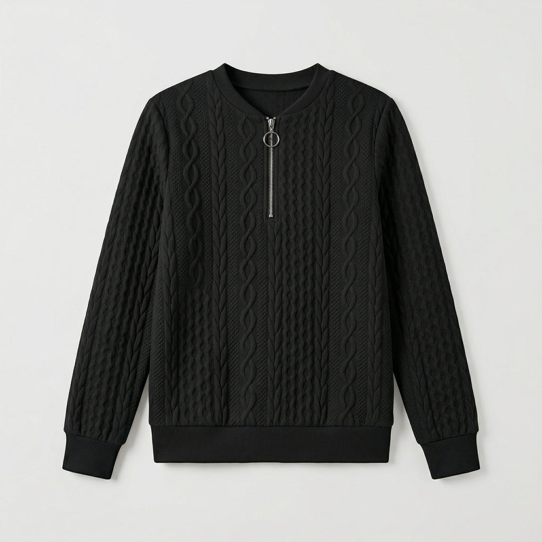 Detailaufnahme Reißverschluss, bordeauxroter Pullover