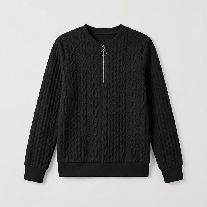Detailaufnahme Reißverschluss, bordeauxroter Pullover