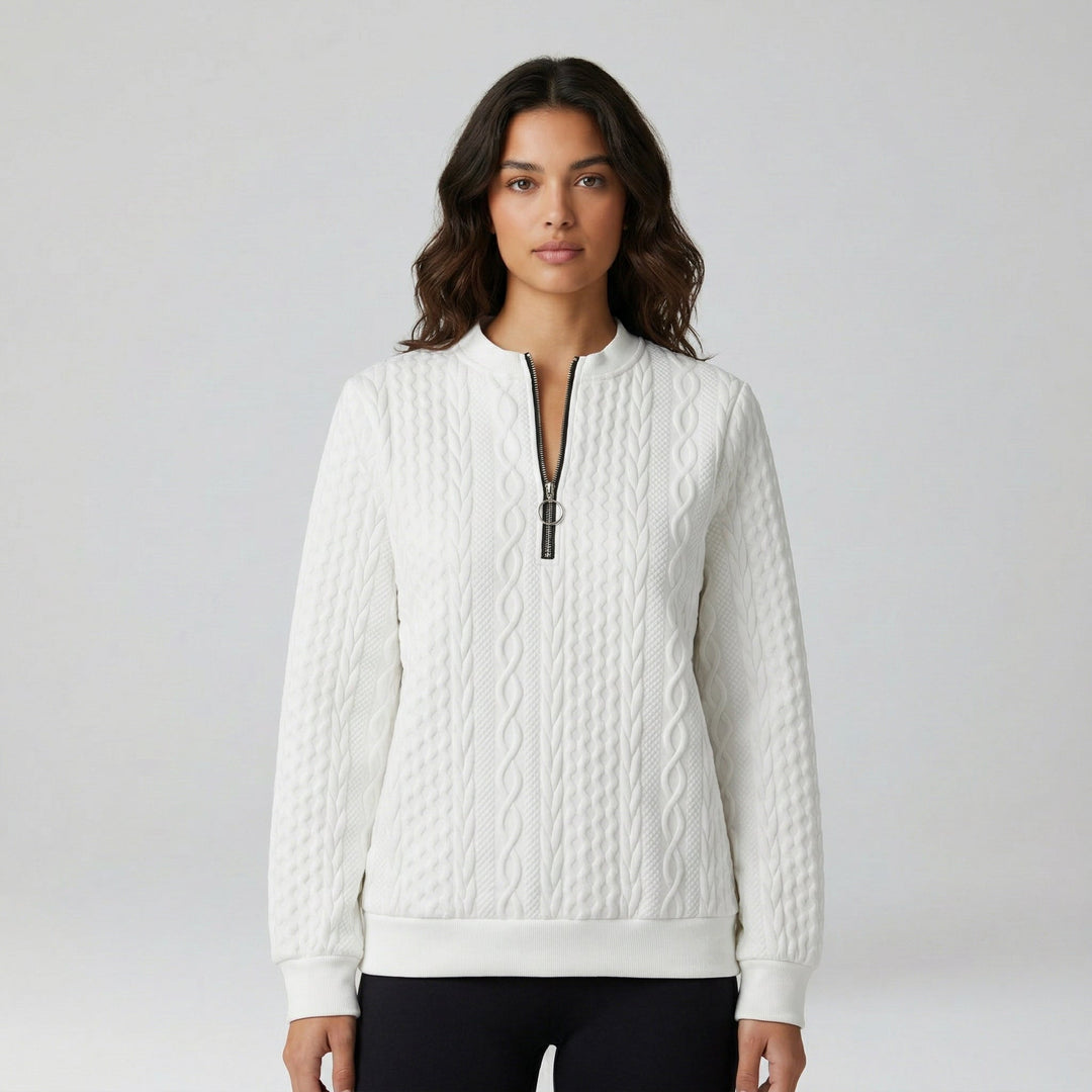 Weißer Pullover mit V-Ausschnitt und Reißverschluss, Vorderansicht