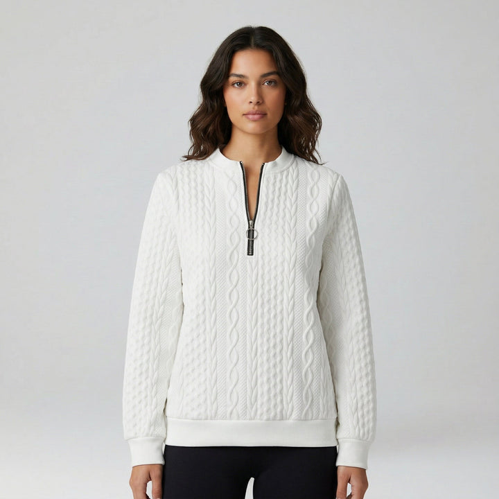 Weißer Pullover mit V-Ausschnitt und Reißverschluss, Vorderansicht