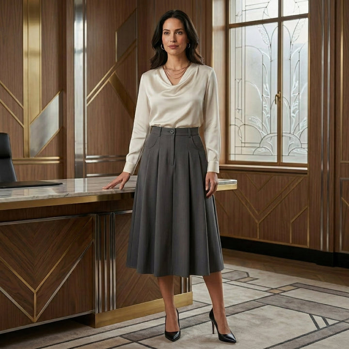 A-Linienrock Dunkelgrau, Business-Styling mit Seidenbluse im Büro