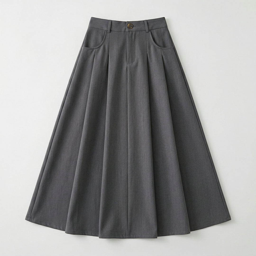 A-Linienrock Dunkelgrau Flat-lay, tiefe Falten, Twill-Struktur sichtbar