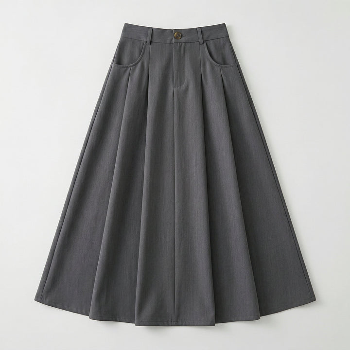A-Linienrock Dunkelgrau Flat-lay, tiefe Falten, Twill-Struktur sichtbar